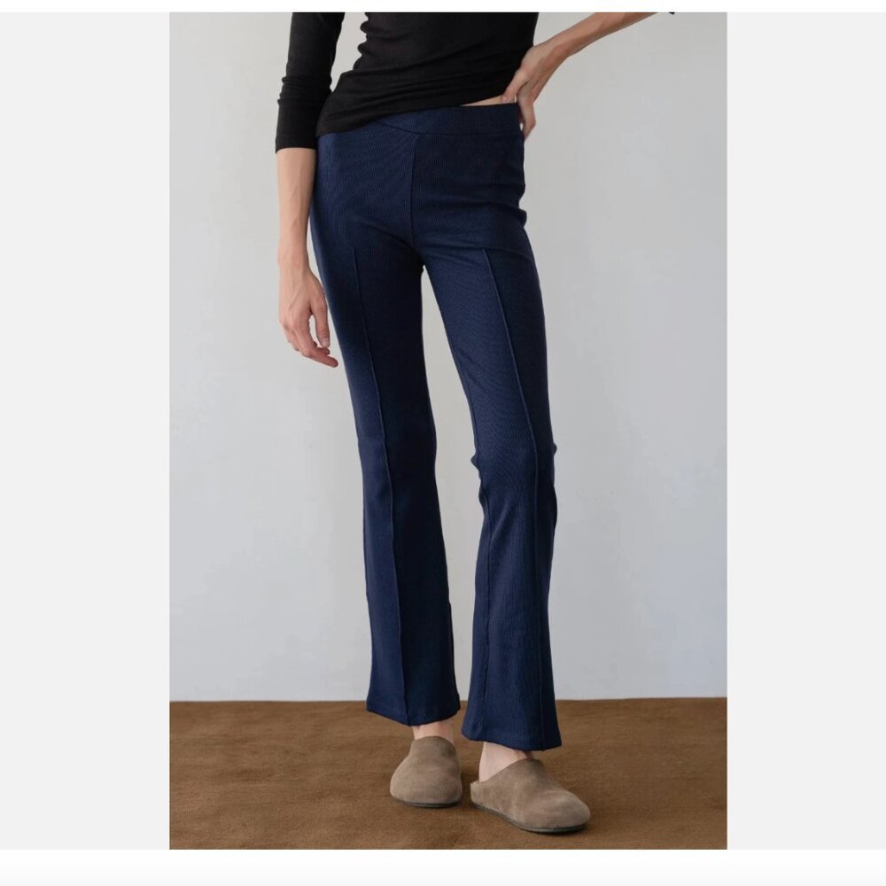 Donni The Tall Rib Kick Flare Dress Pants High Rise Navy City Womens M